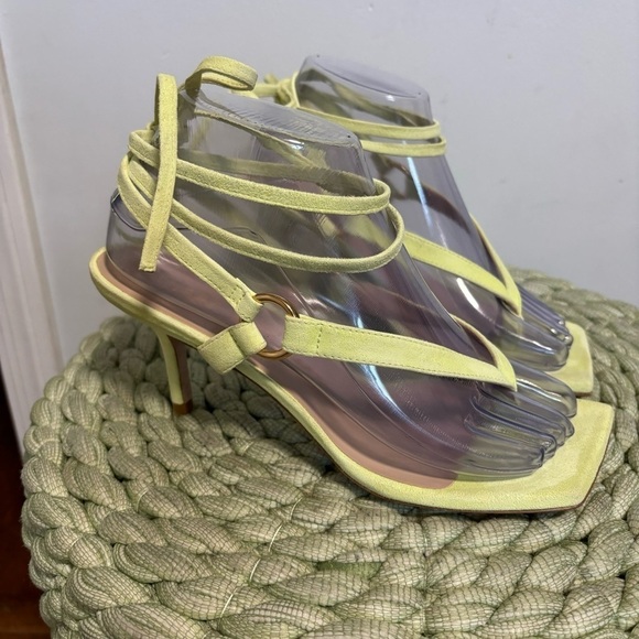 Stuart Weitzman Lalita 75 Neon Green Suede Square Toe Lace Up Heel Thong Sandals - Picture 6 of 13